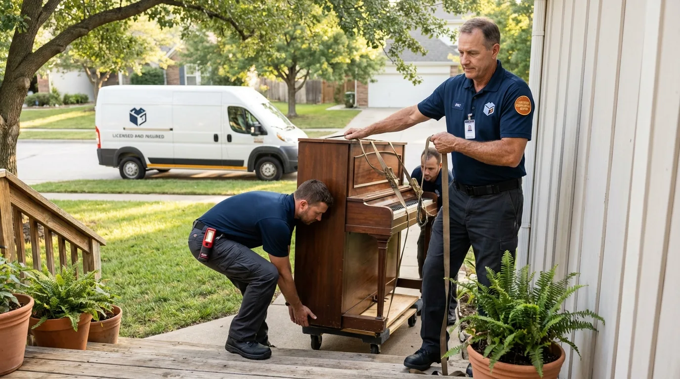Licensed piano movers securing grand piano in Brewer, ME