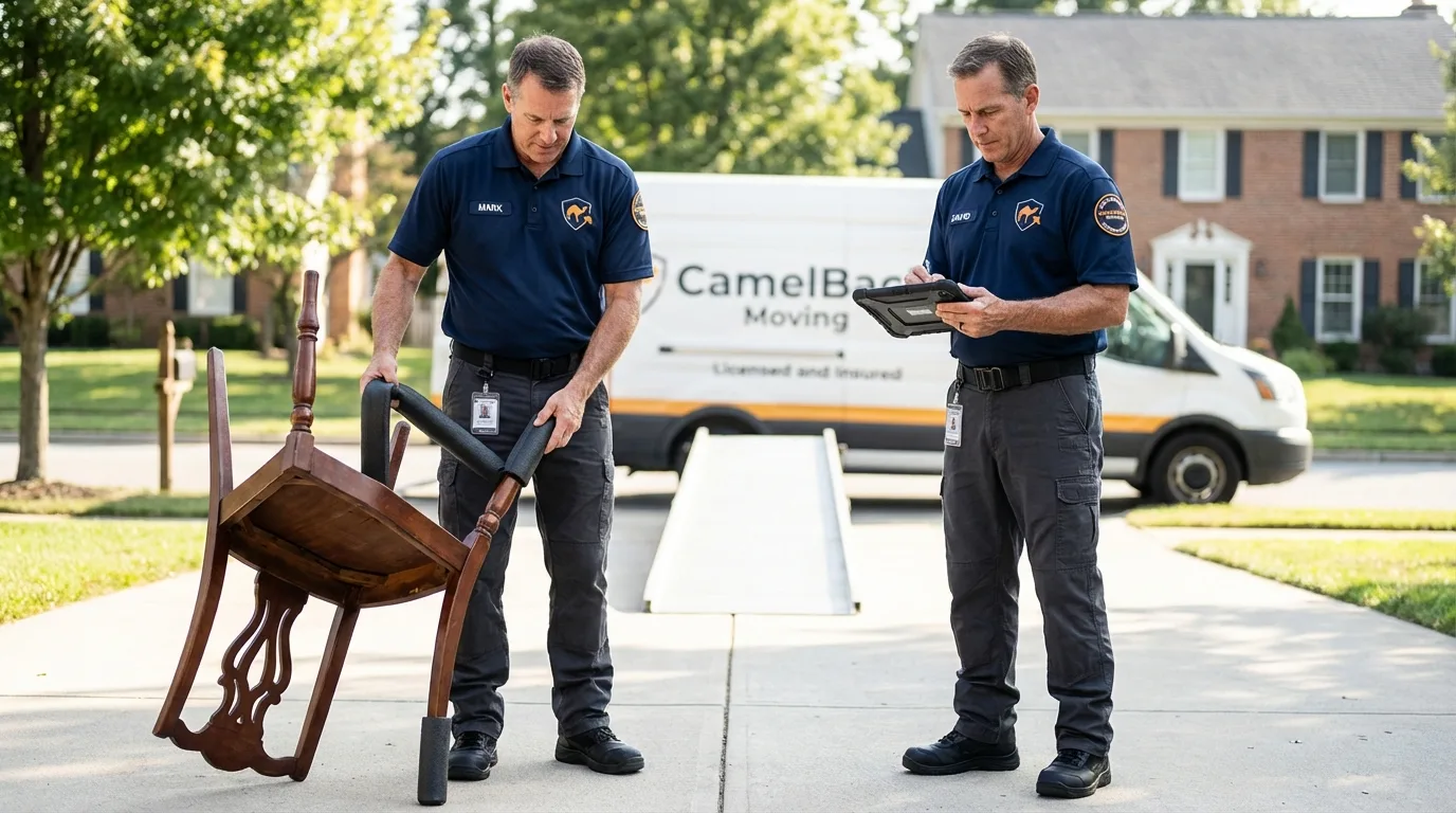 Movers inspecting furniture for damage prevention before loading in Brewer, ME
