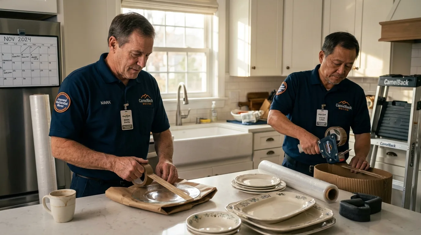 Professional crew packing kitchen dishware in Brewer, ME